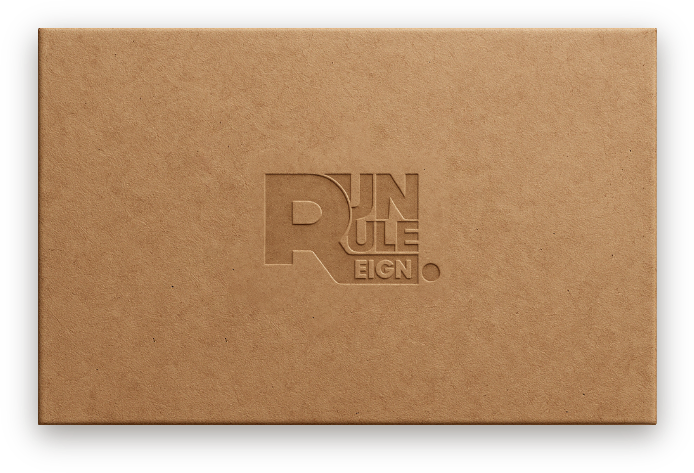 RUN RULE REIGN premium headwear packaging with embossed logo